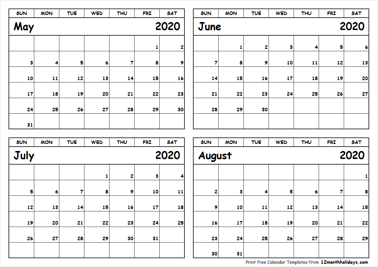Print May To August 2020 Calendar Template | 4 Month Calendar