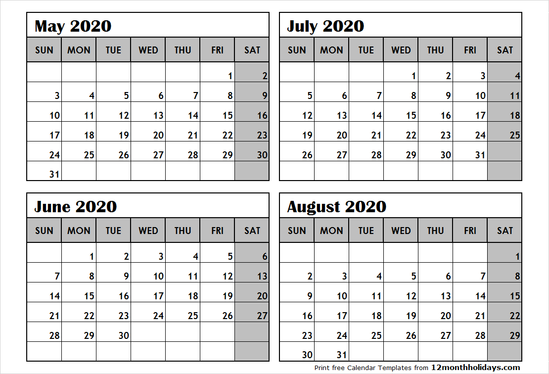 Print May To August 2020 Calendar Template | 4 Month Calendar