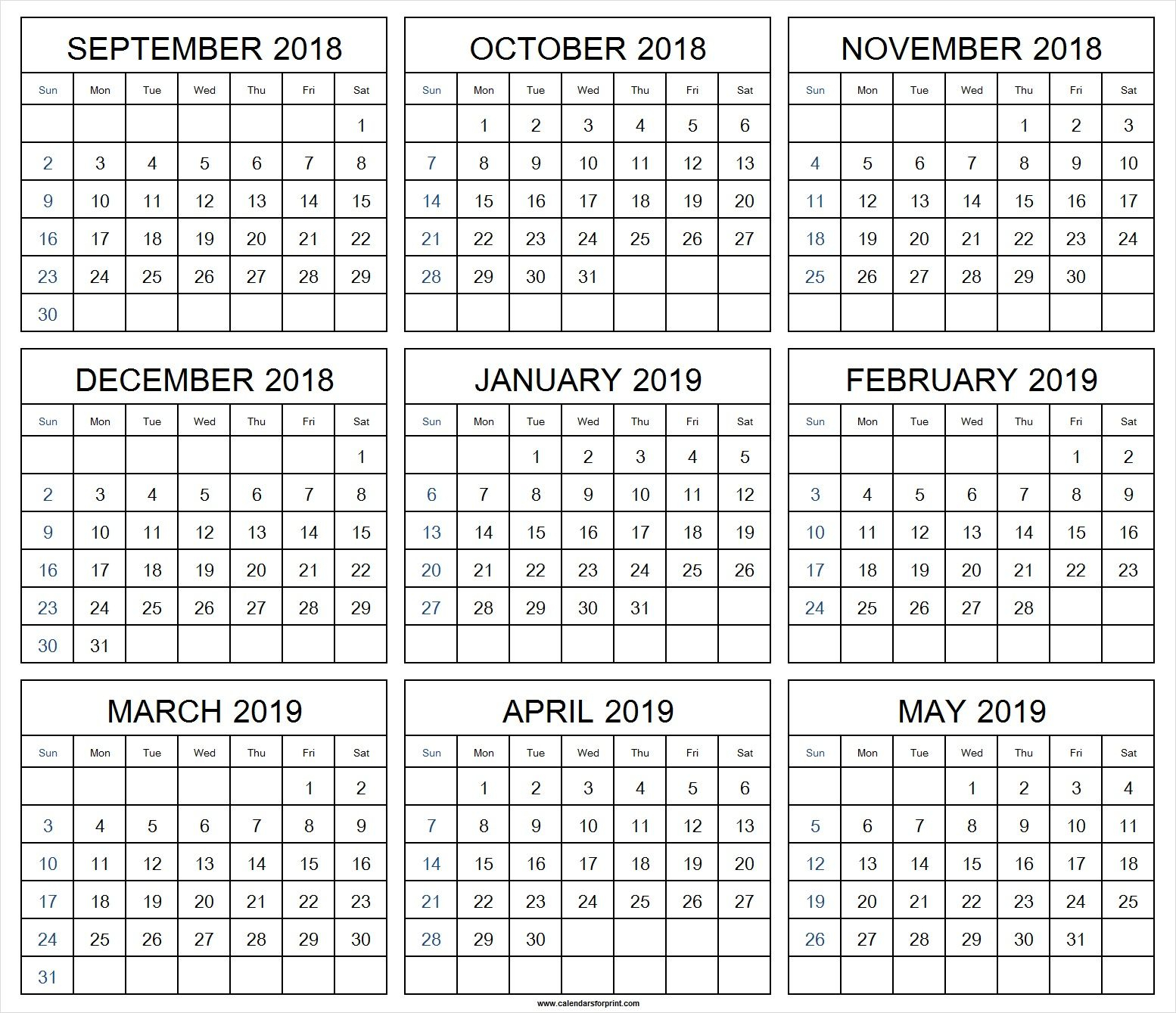 Print Monthly Calendar September 2018 May 2019 | September