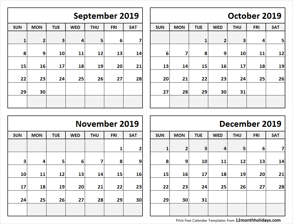 Print September To December 2019 Calendar Template | 4 Month