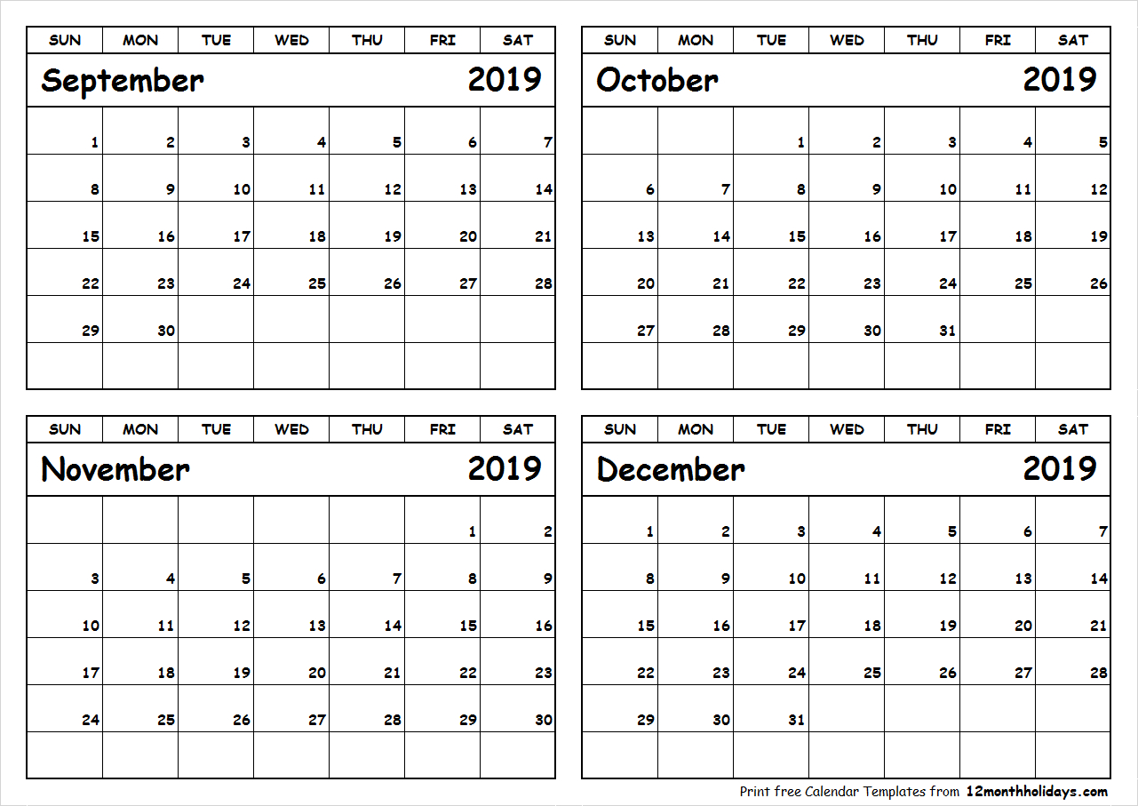 Print September To December 2019 Calendar Template | 4 Month