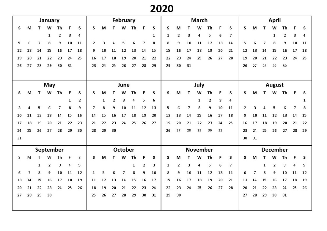 Printable 12 Month Calendar 2020 Various Size | Calendar Shelter
