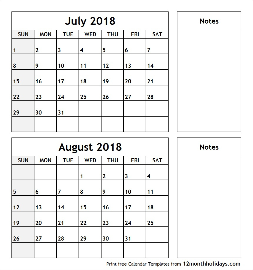 Printable 2 Month Calendar July August 2018 | Printable