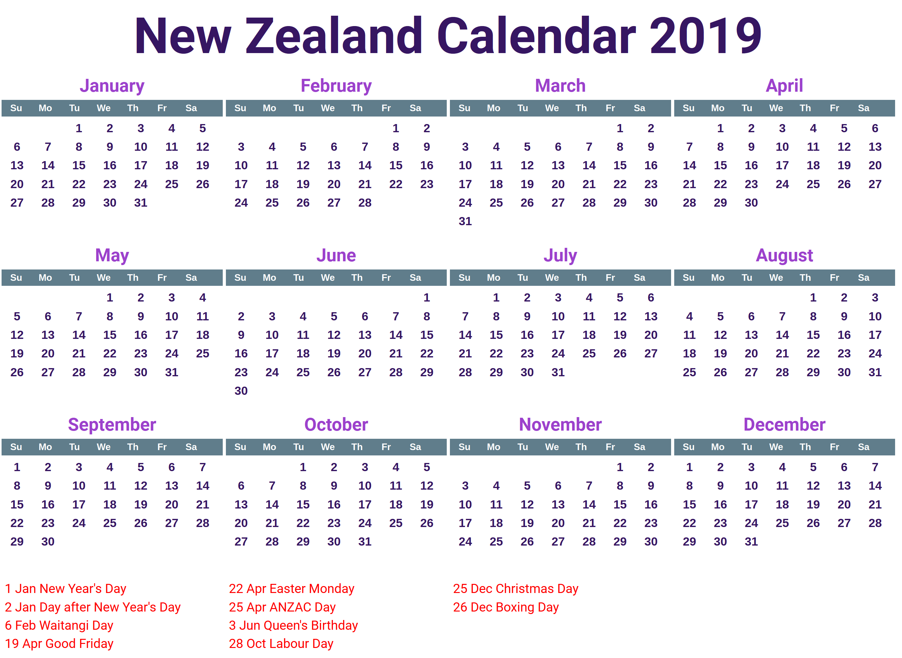Printable 2019 Calendar New Zealand | Printable Calendar 2019