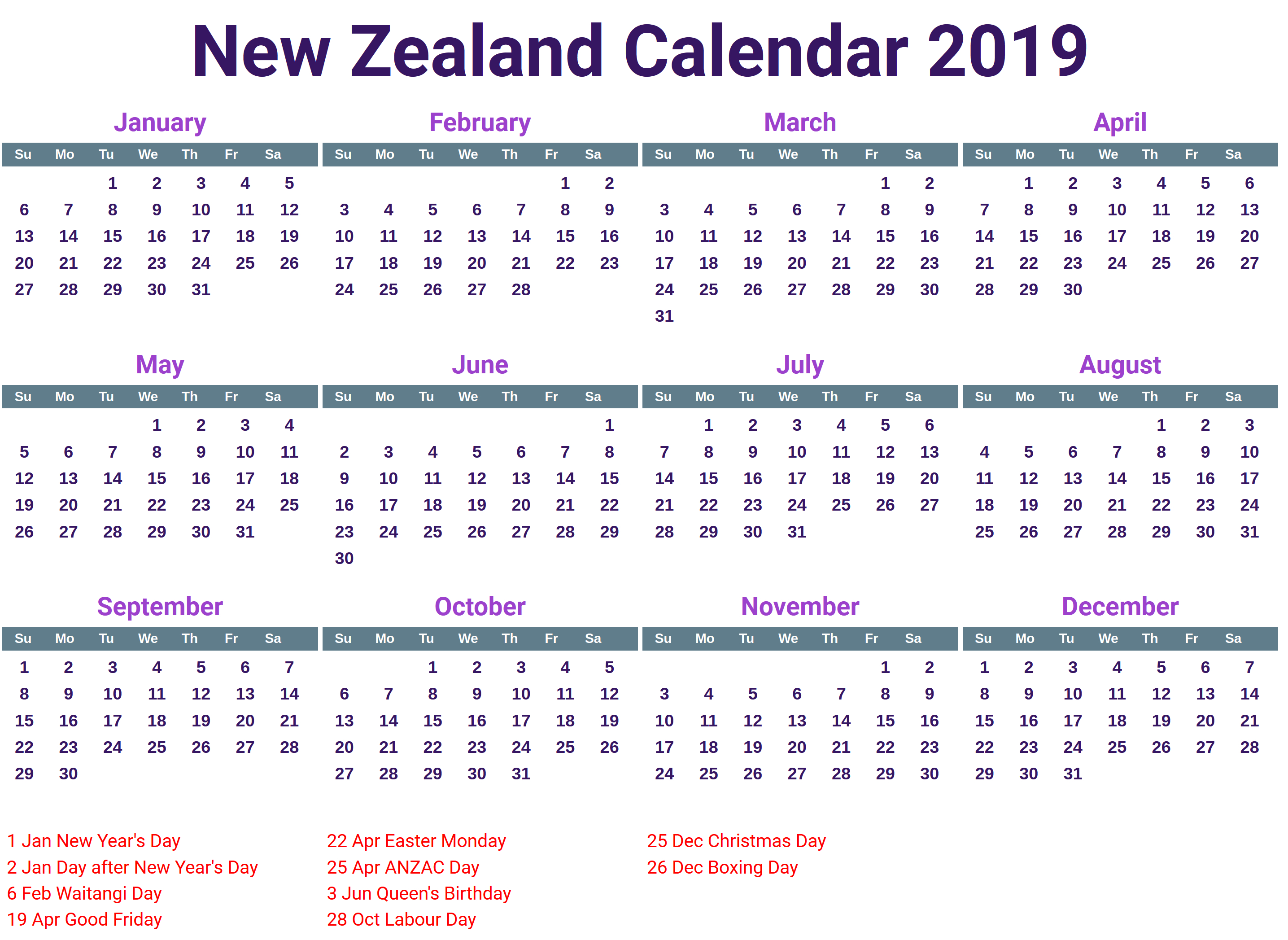 Six Monthly New Zealand Calendars