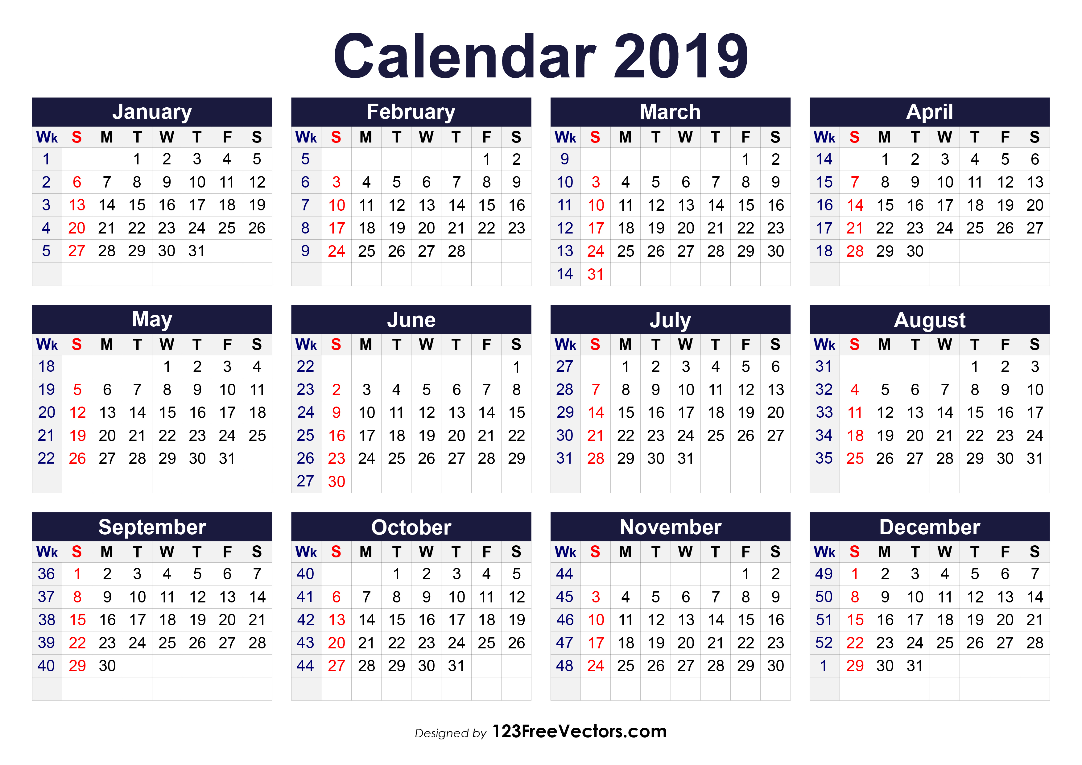 Printable 2019 Calendar With Week Numbers