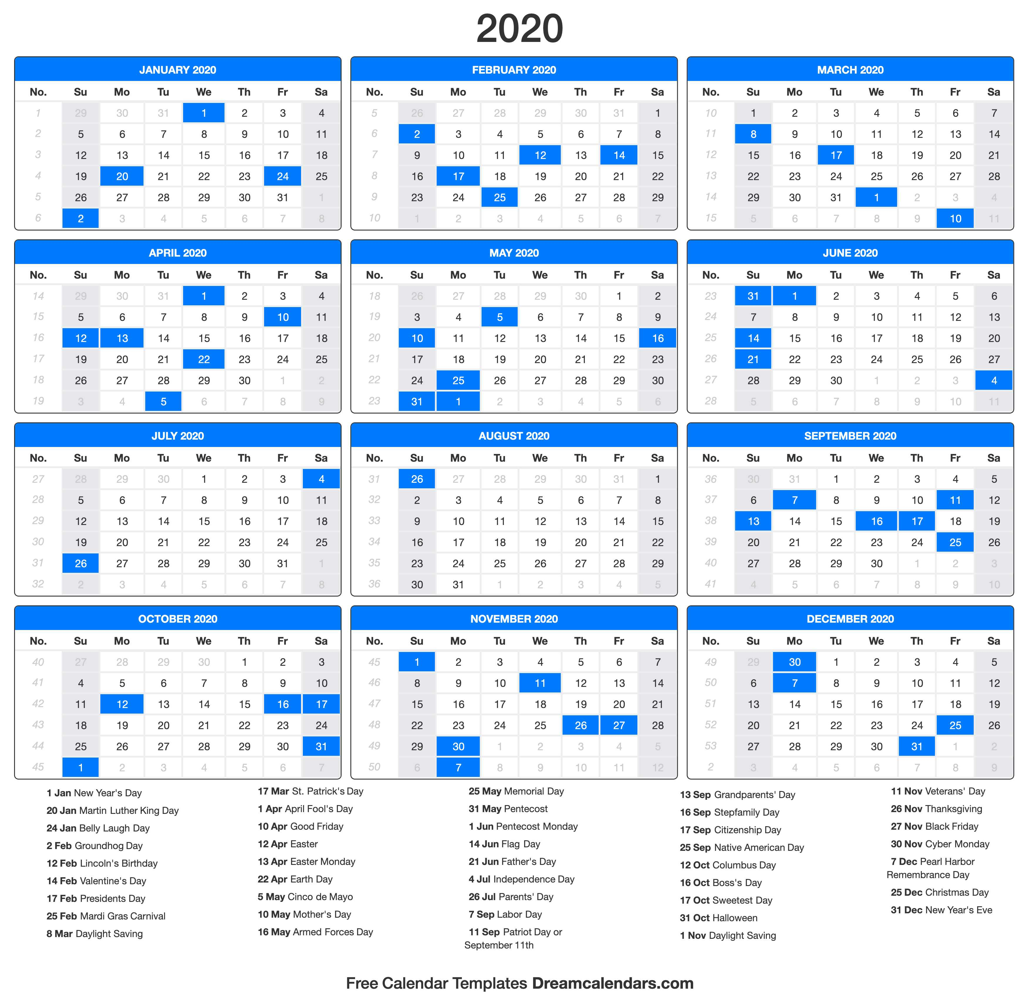 Printable 2020 Calendar - Dream Calendars