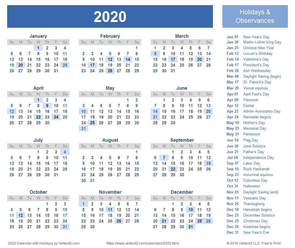 Printable 2020 Year Calendar | Isacl