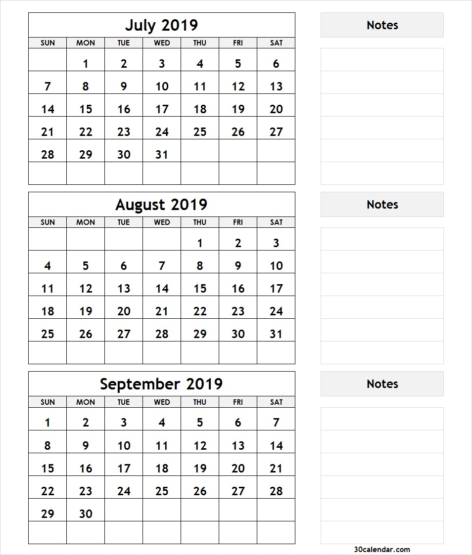 Printable 3 Month Calendar July August September 2018