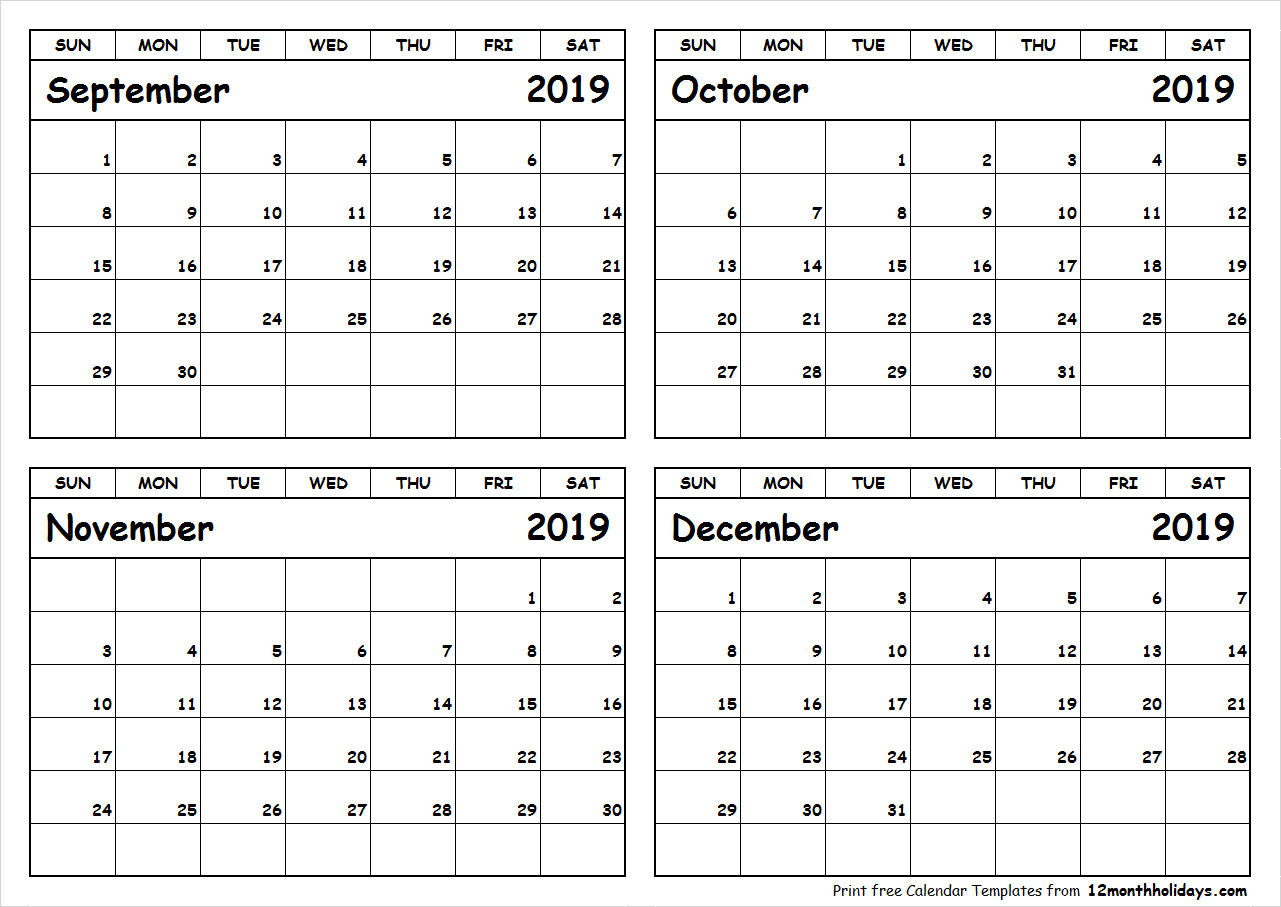 Printable 4 Month Calendar September To December 2018