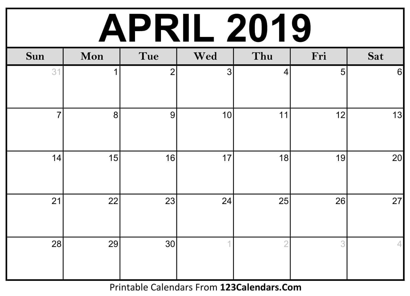 Printable April 2019 Calendar Templates - 123Calendars Free