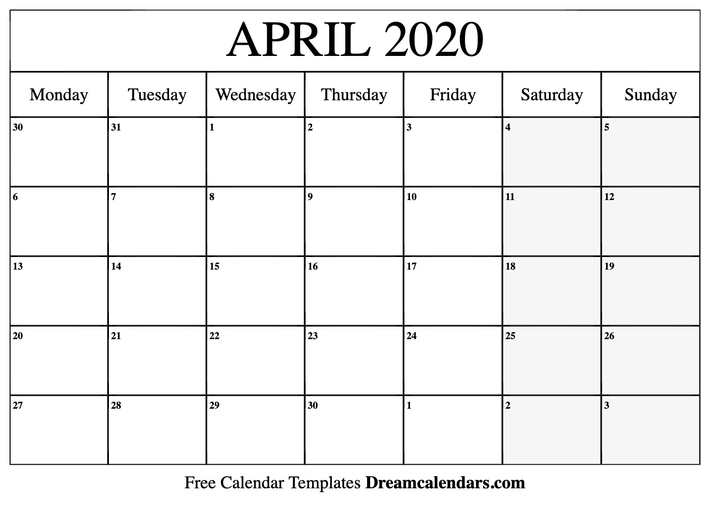 Printable April 2020 Calendar