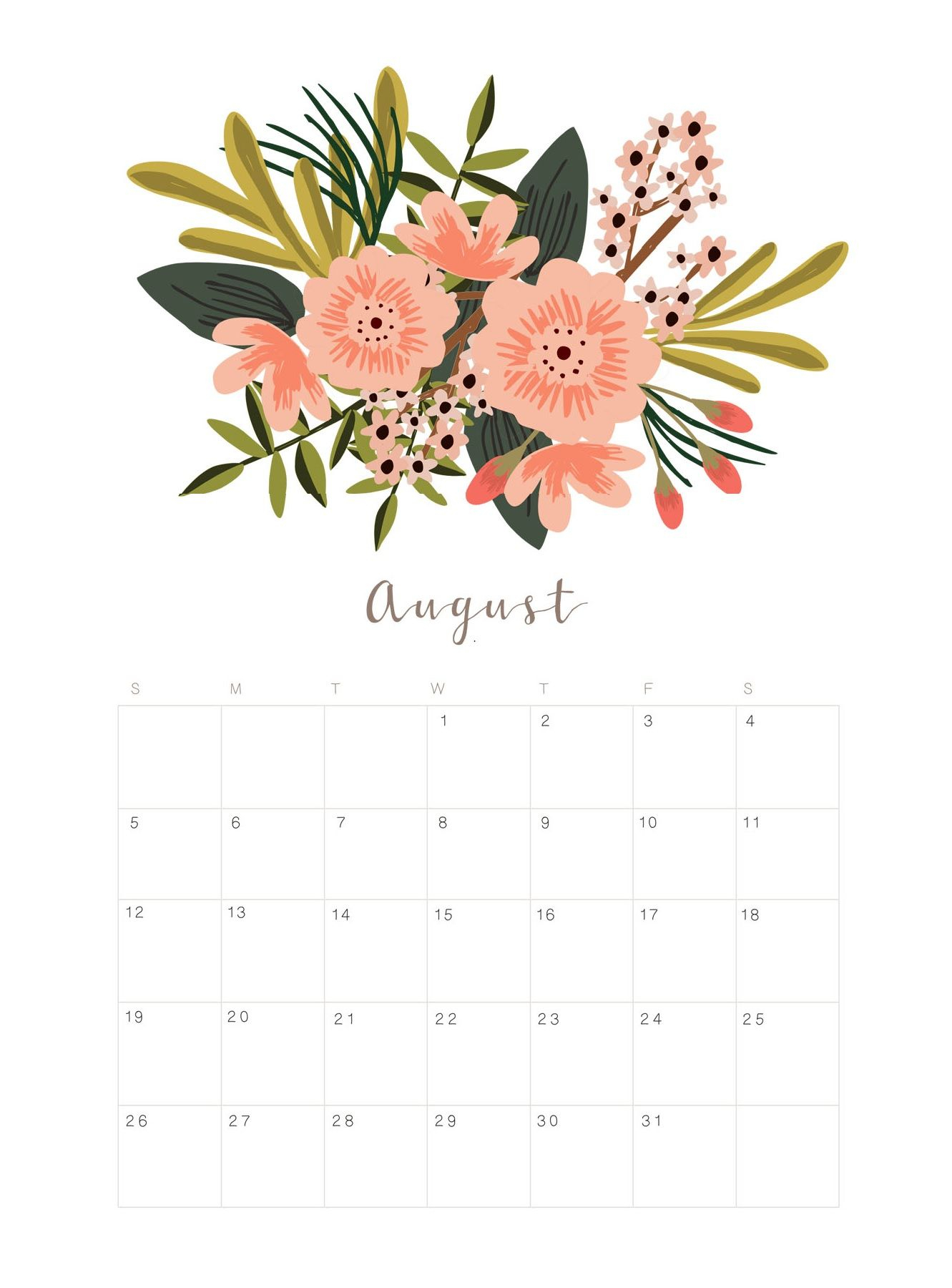 Printable August 2018 Floral Calendar | Calendar 2018