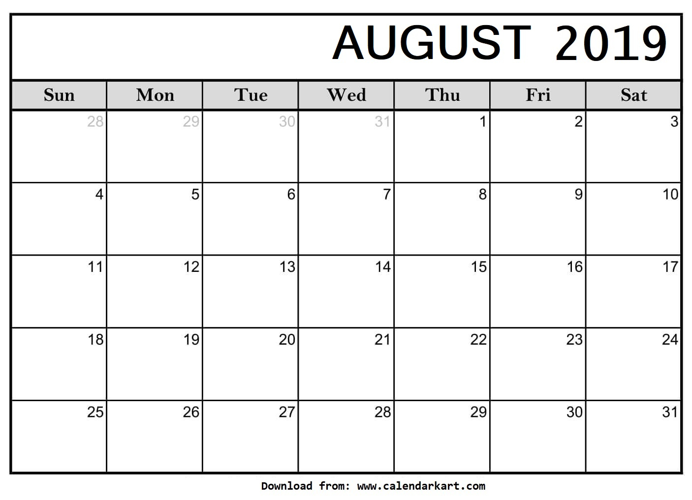 Printable August 2019 Calendar - Calendar-Kart