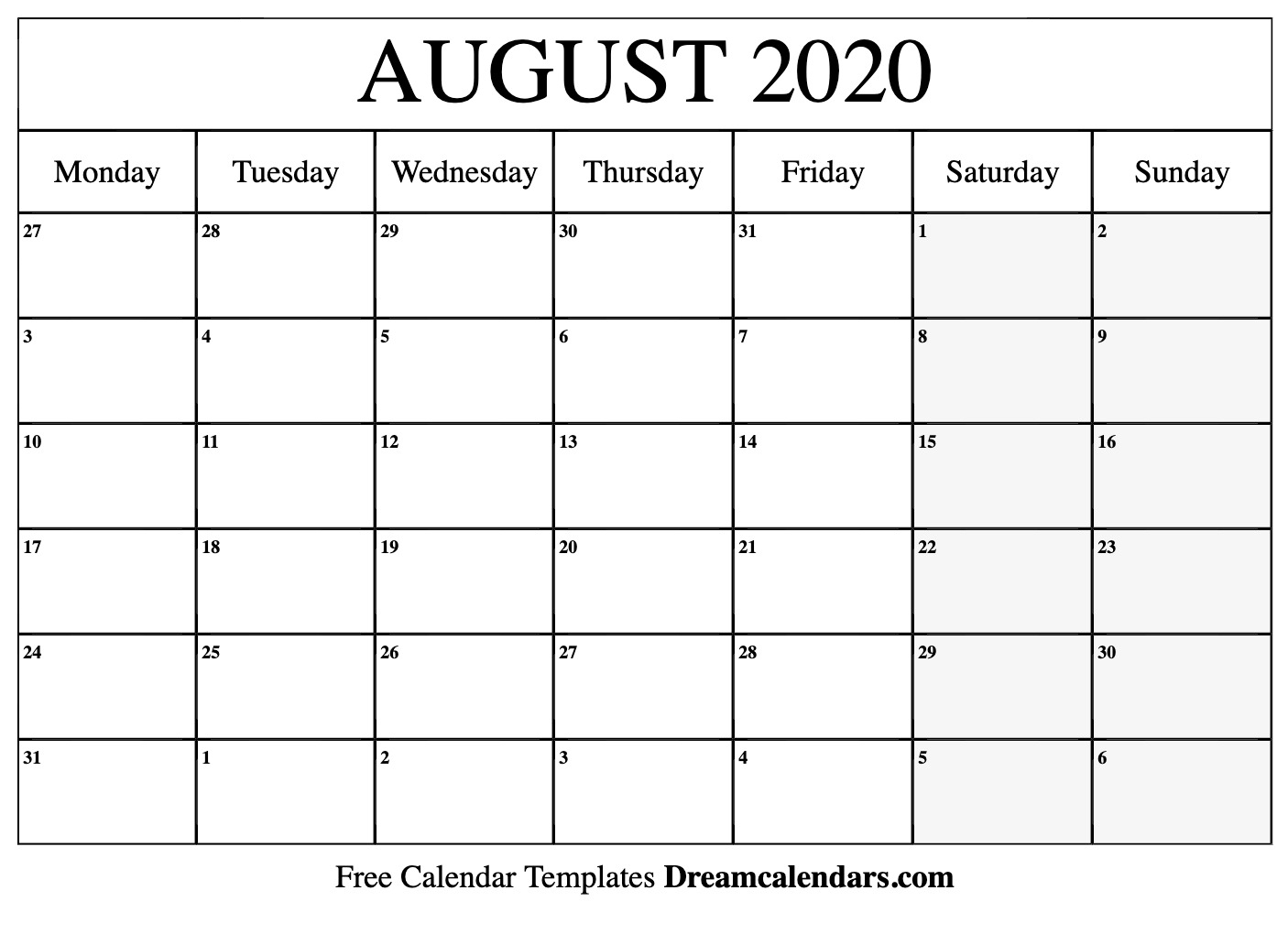 Aug Monthly Calendar 2020