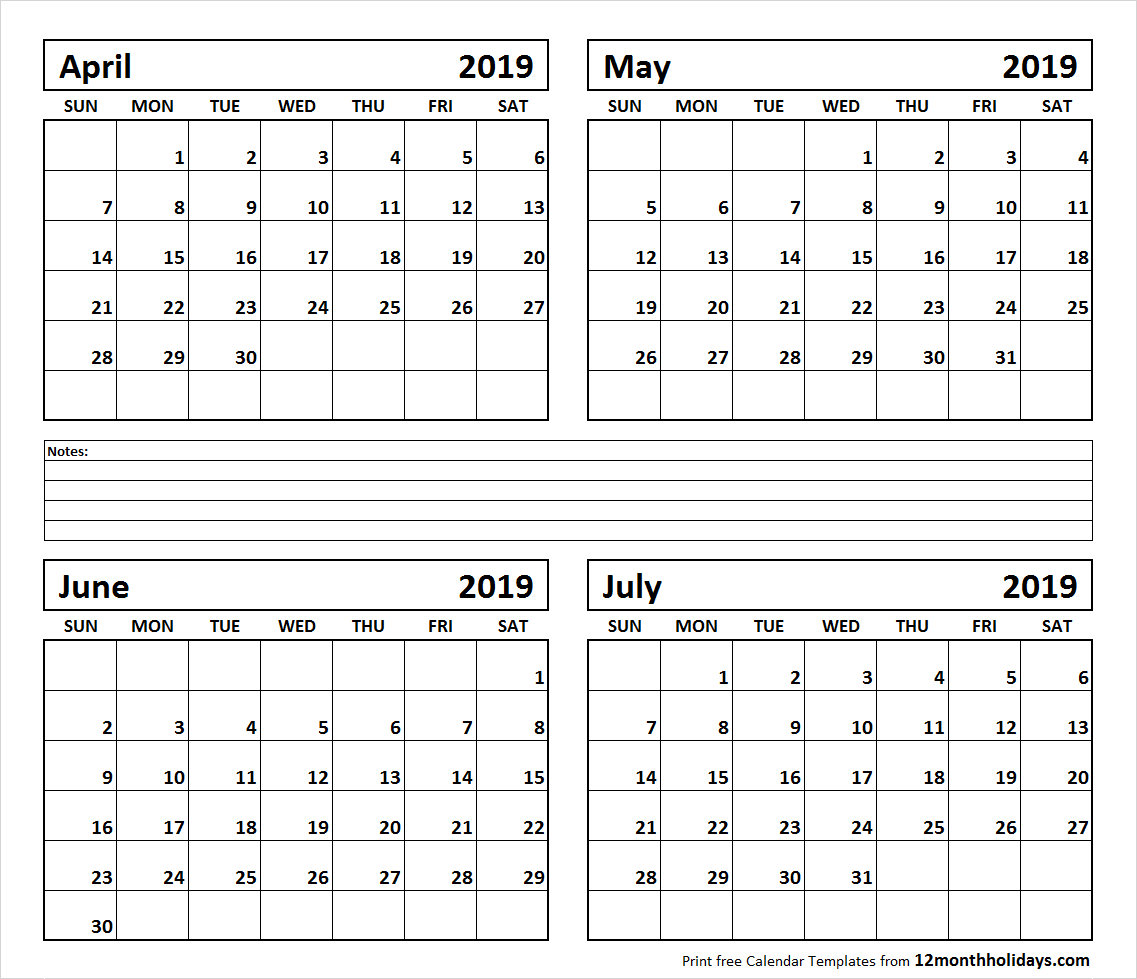 Printable Blank Four Month April May June July 2019 Calendar