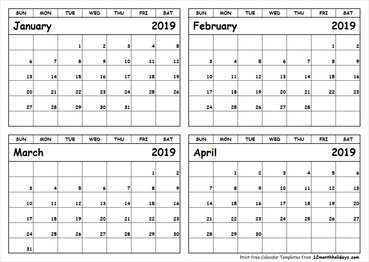 Printable Blank Four Month January February March April 2019