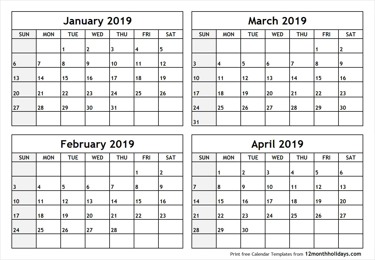Printable Blank Four Month January February March April 2019