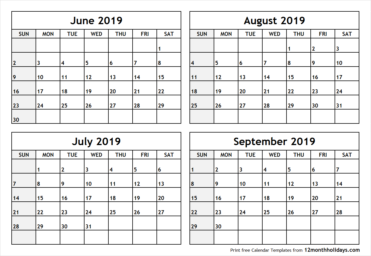Printable Blank Four Month June July August September 2019
