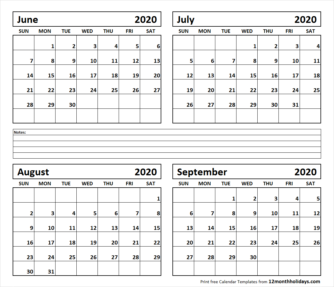 Printable Blank Four Month June July August September 2020