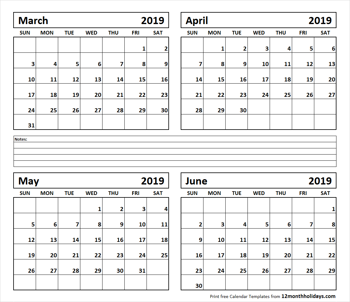 Printable Blank Four Month March April May June 2019