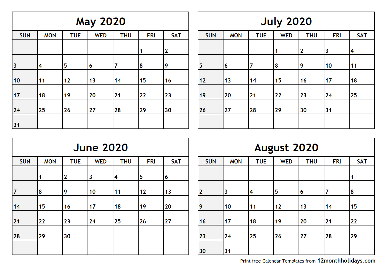 Blank Calendar Template June July August 2020 Example Calendar Printable