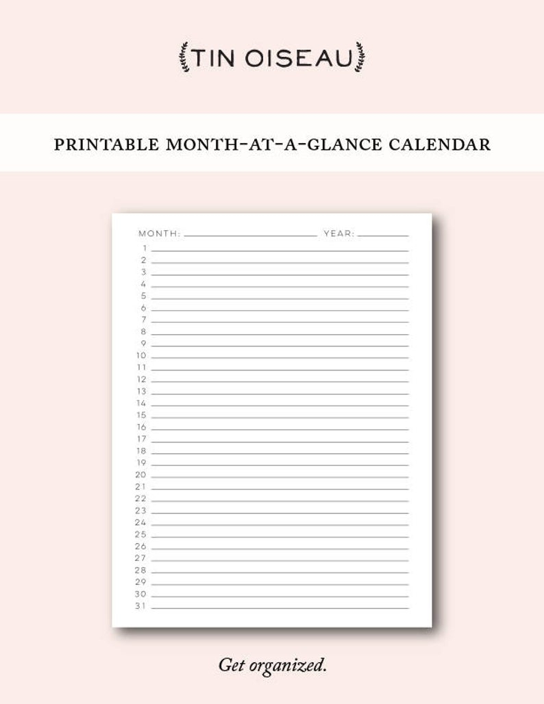 Printable Blank Month At A Glance Monthly Calendar Template, Digital  Download Portrait Schedule Planner Agenda Birthday Calendar