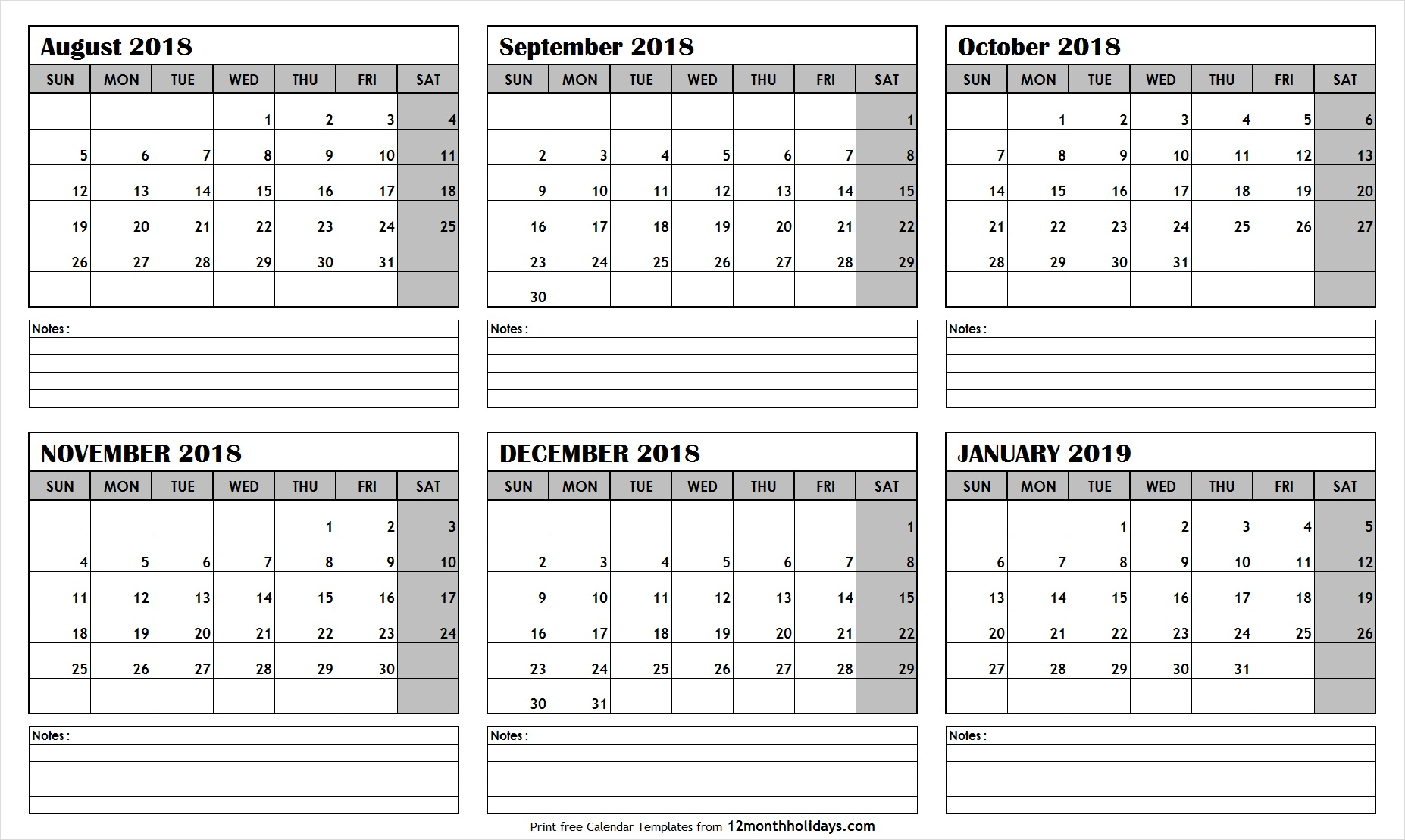 Printable Blank Six Month 6 Month Calendar August January