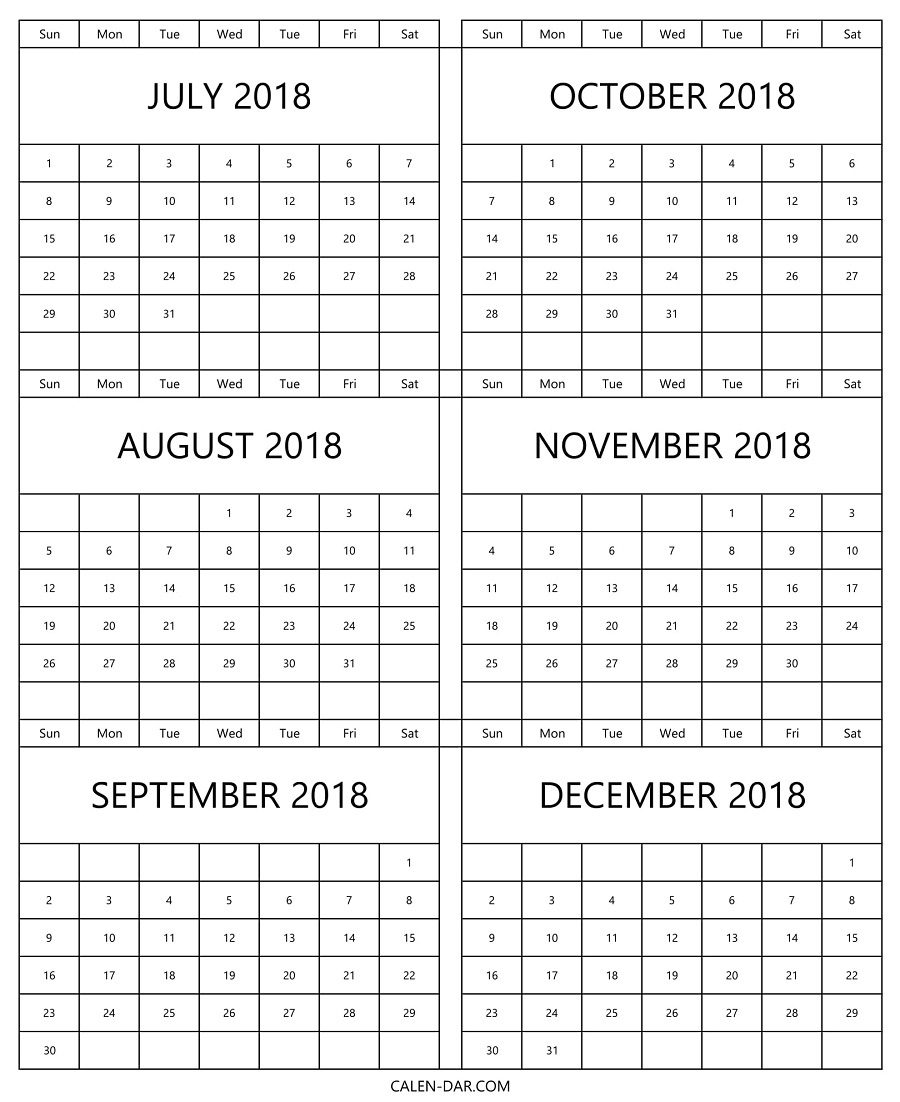 Printable Calendar 2018 August Through December | Printable