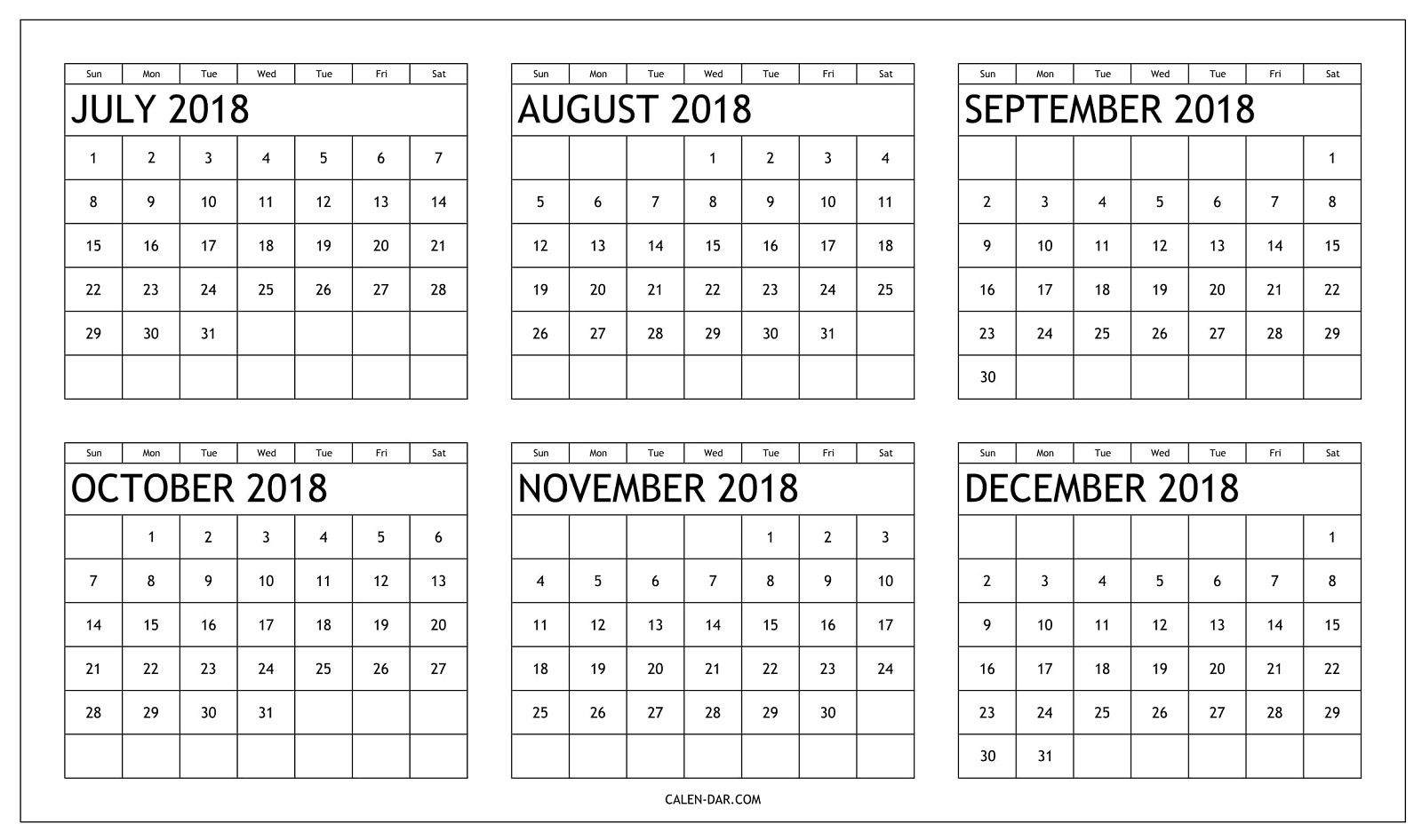 Printable Calendar 2018 July Through December | Printable