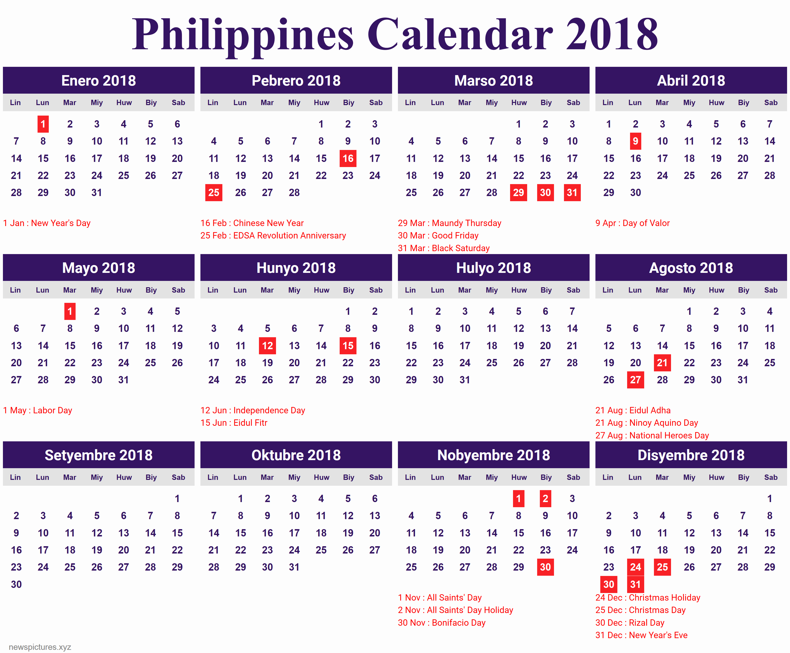 Printable Calendar 2018 Philippines | Printable Calendar 2019