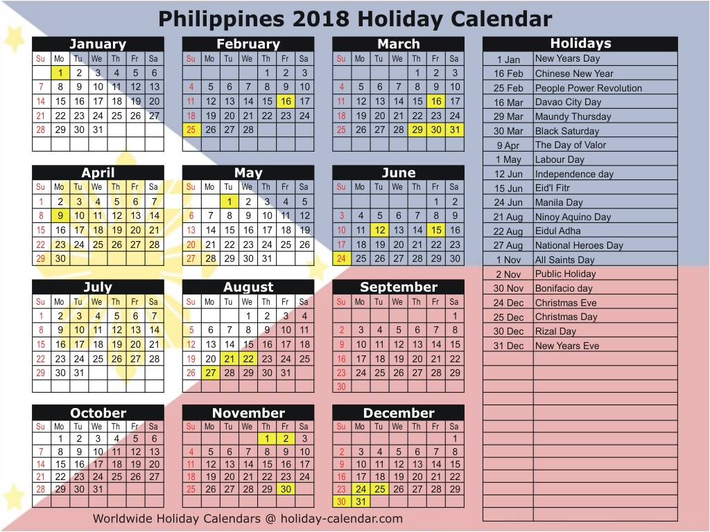 Printable Calendar 2018 With Holidays Philippines