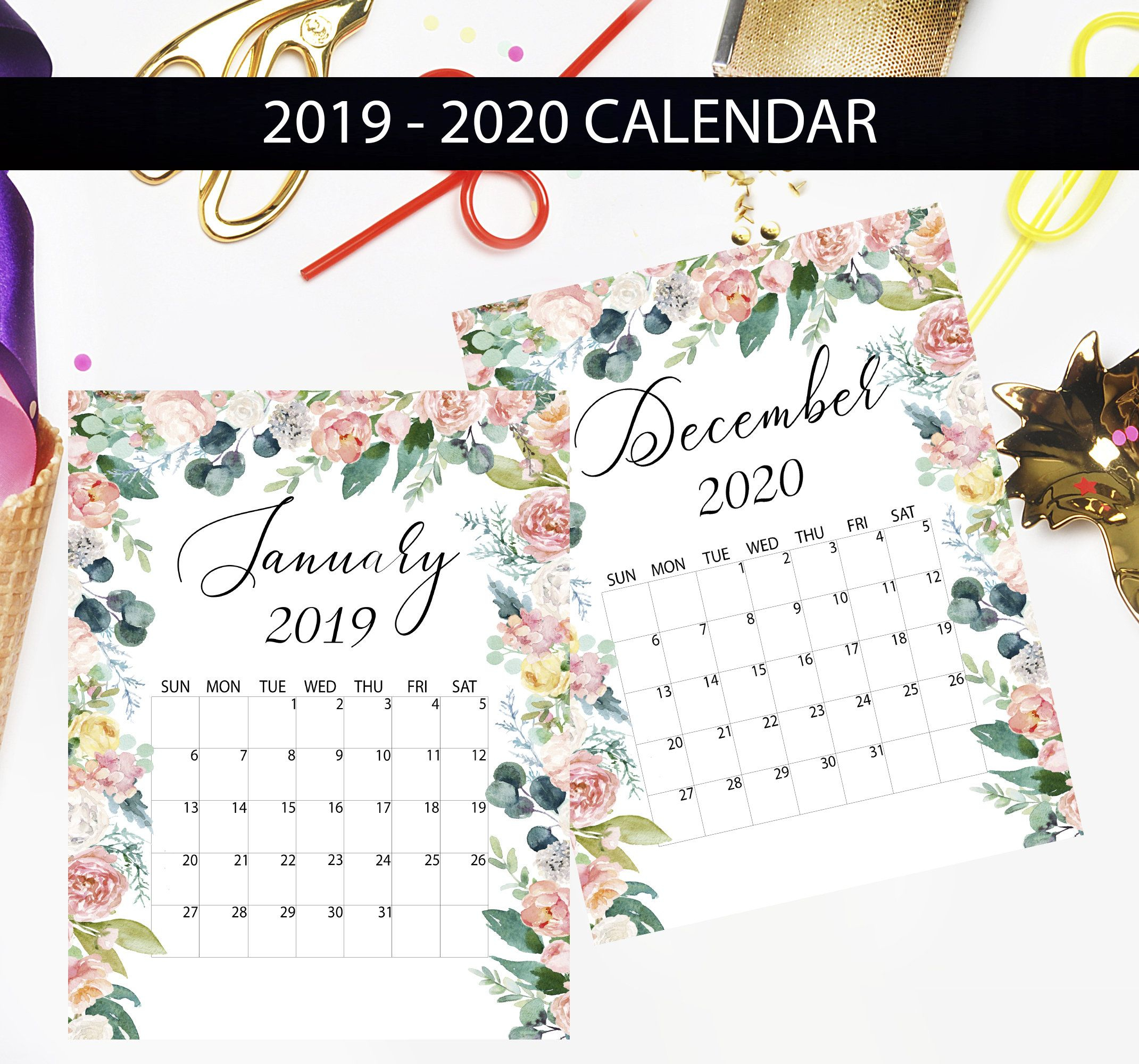 Printable Calendar 2019-2020, Monthly Calendar, Floral