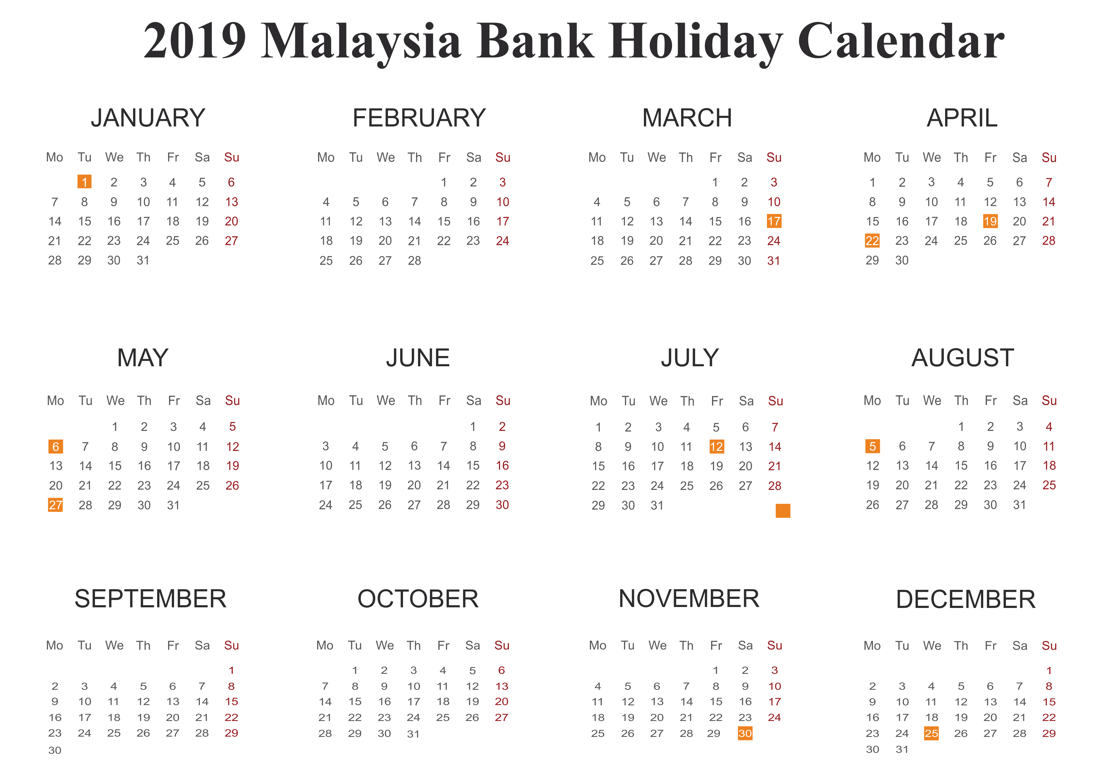 Printable Calendar 2019 Malaysia | Printable Calendar 2019