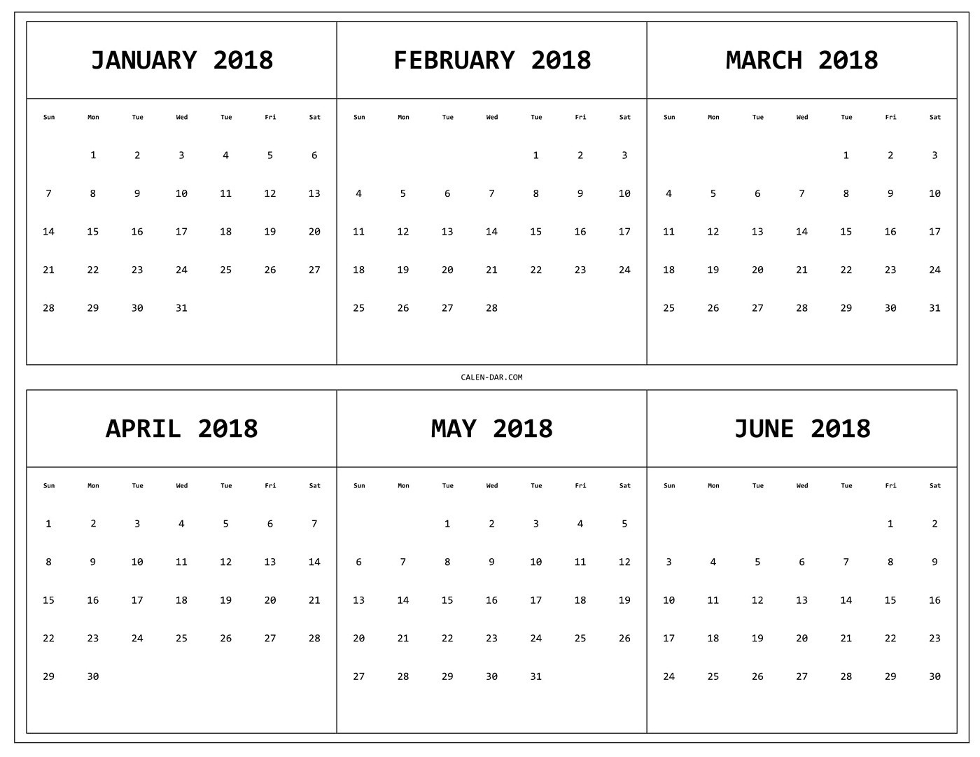 Printable Calendar 6 Months Per Page 2019 • Printable Blank