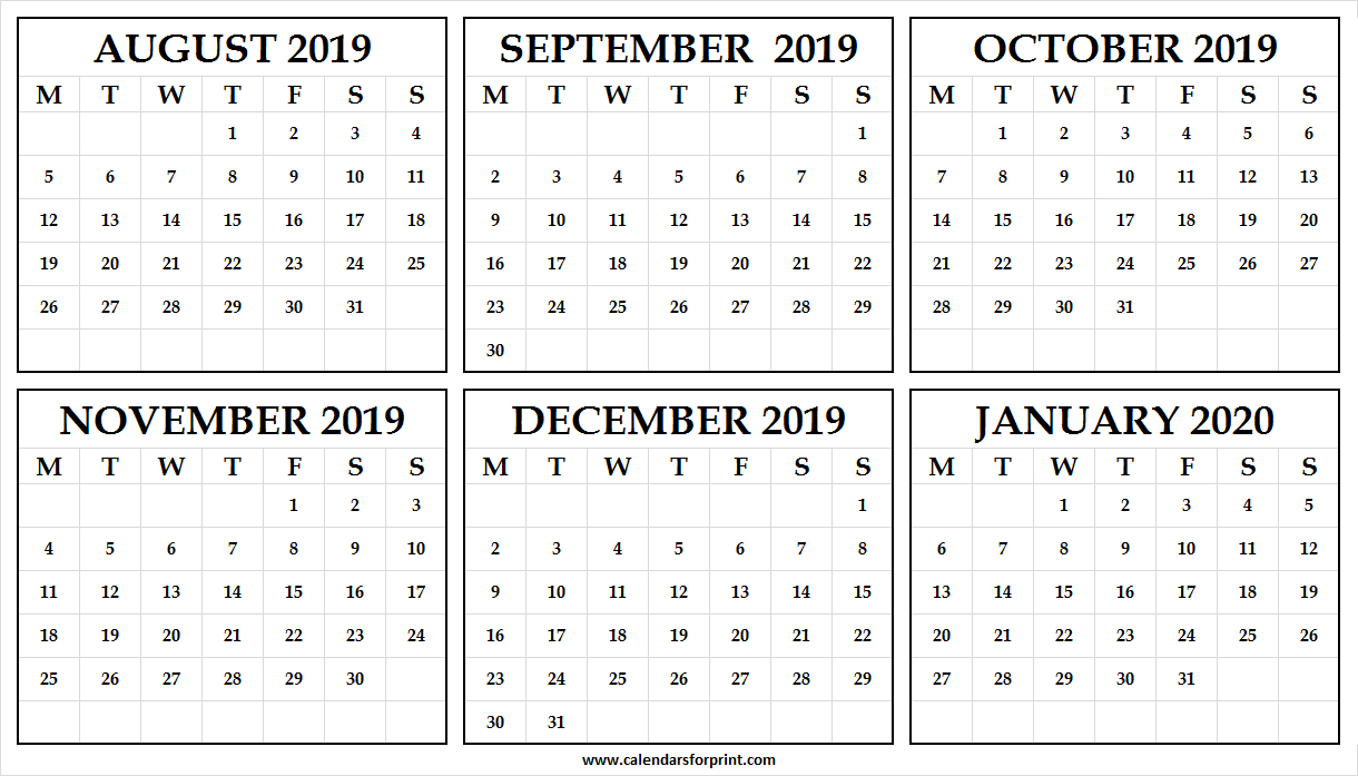 Printable Calendar August 2019 January 2020 | Pinterst