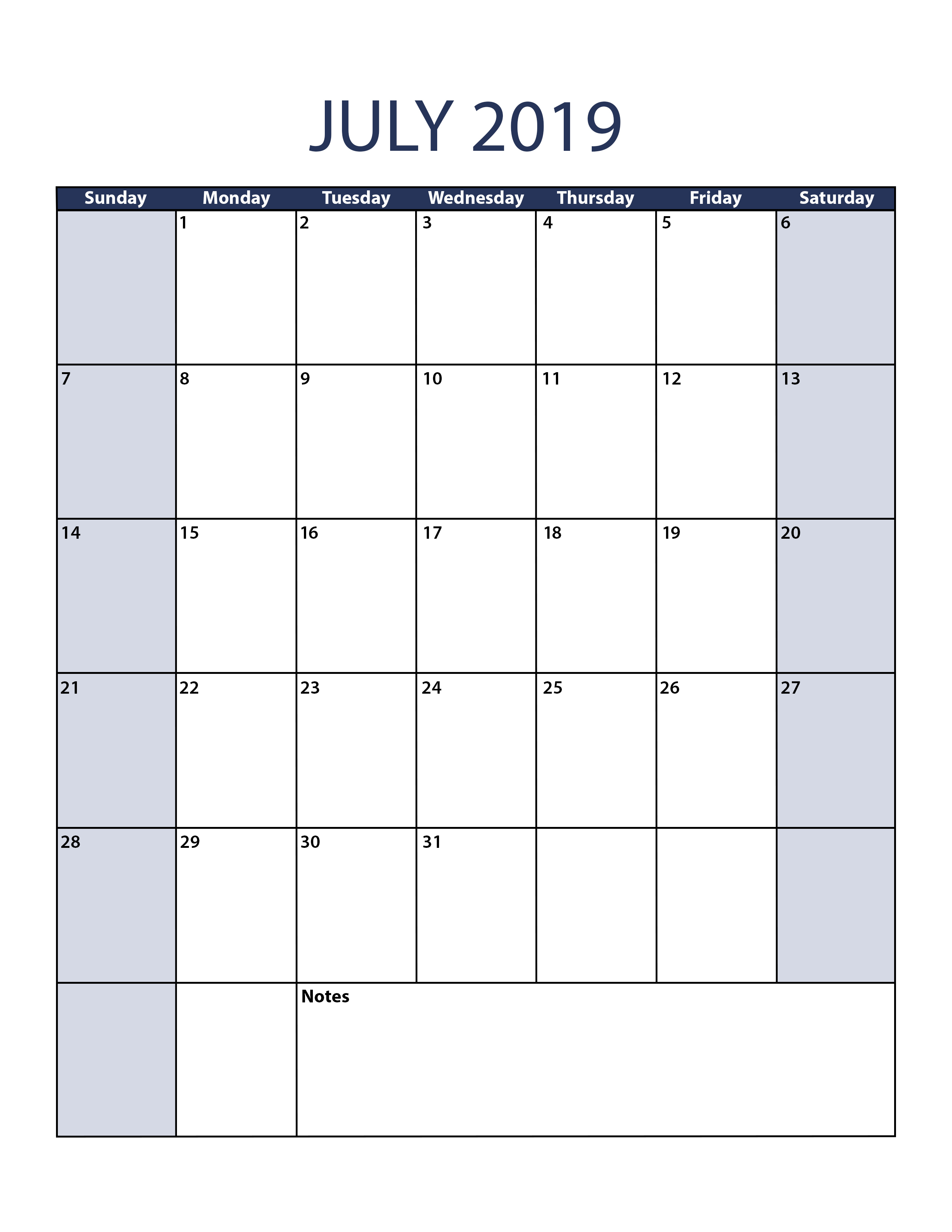 Printable Calendar July 2019