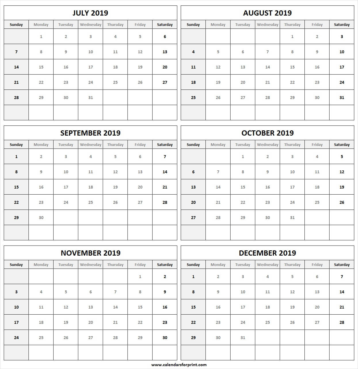 Printable Calendar July December 2019 | Free 2019