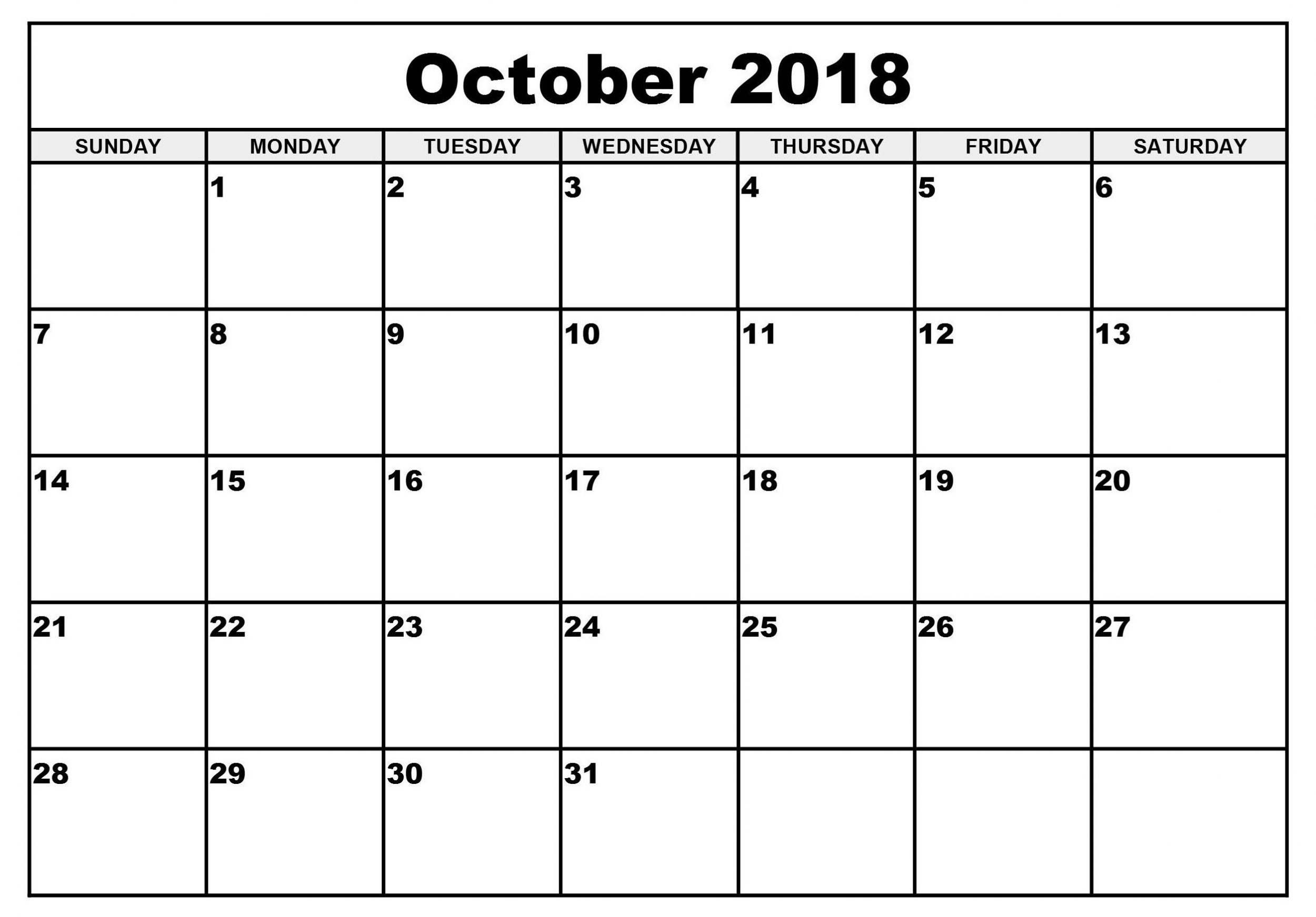 Printable Calendar October 2018 Template