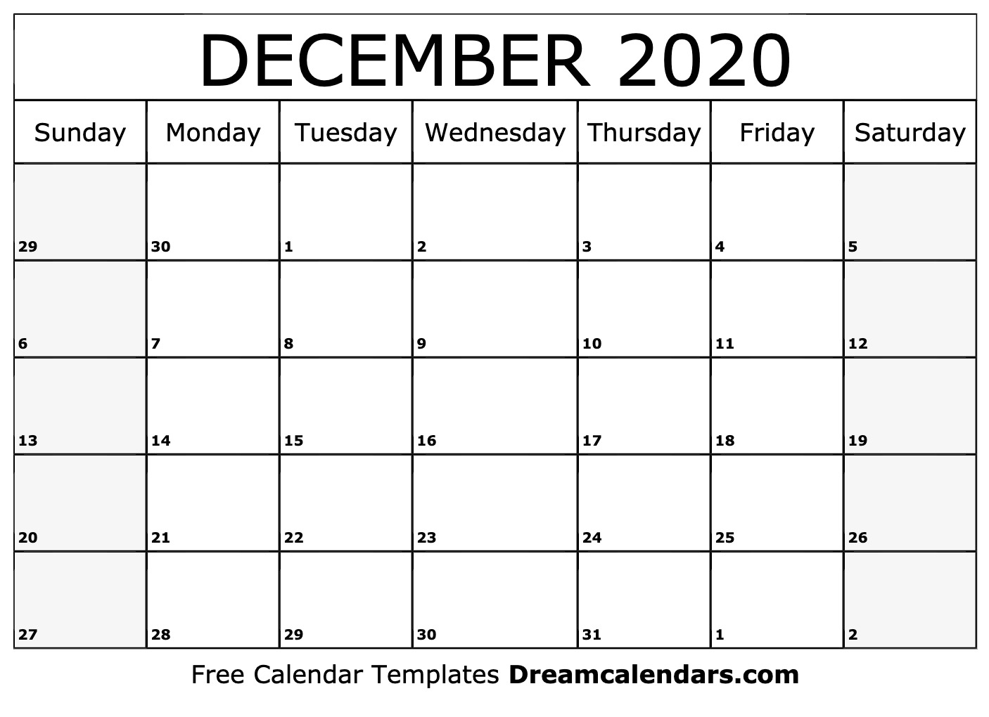 Printable December 2020 Calendar