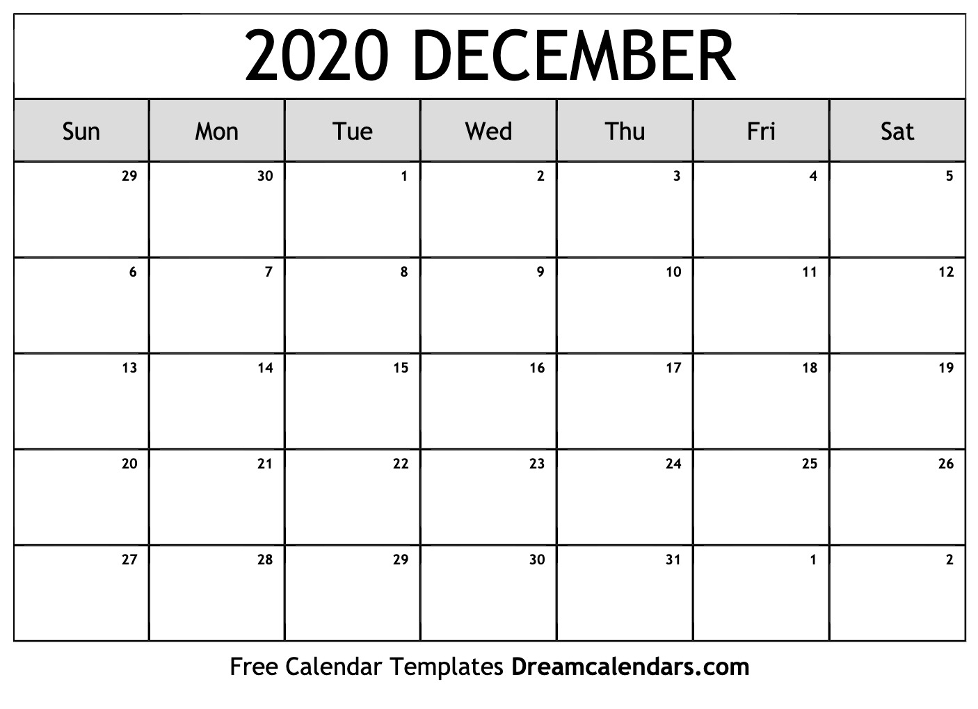 Printable December 2020 Calendar