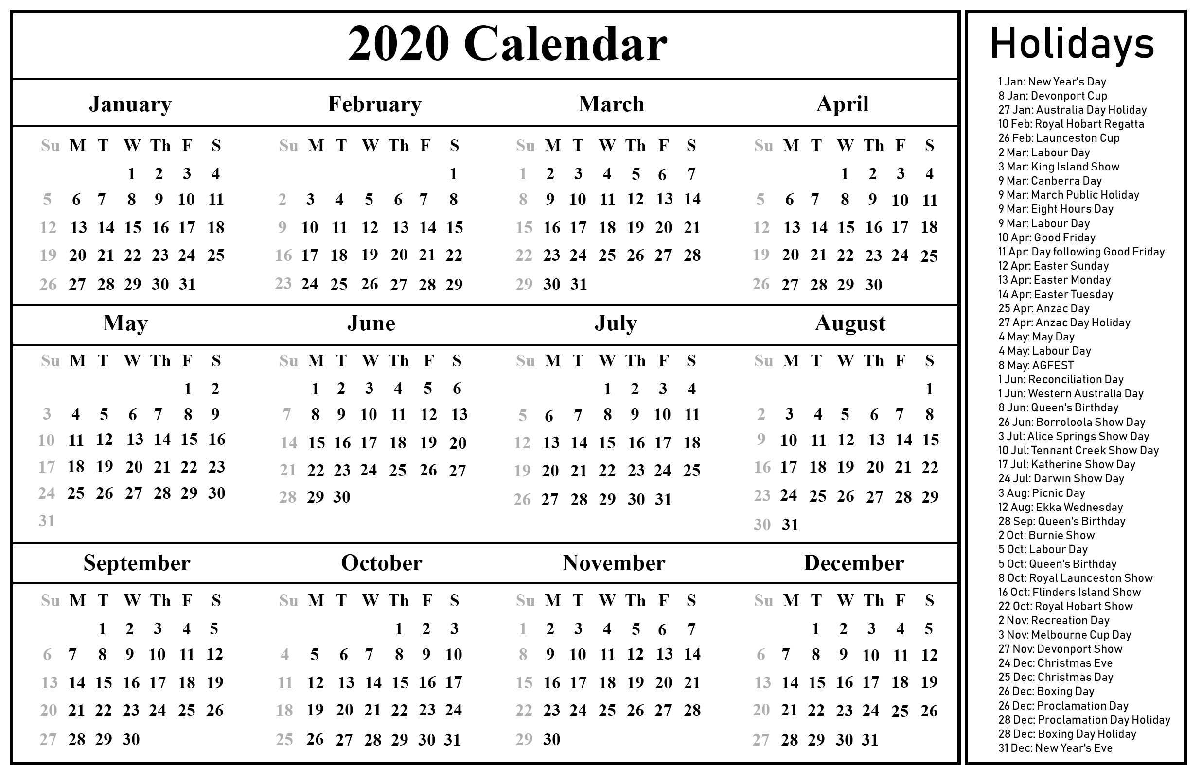 Printable Free Blank Australia 2020 Calendar [Pdf, Excel