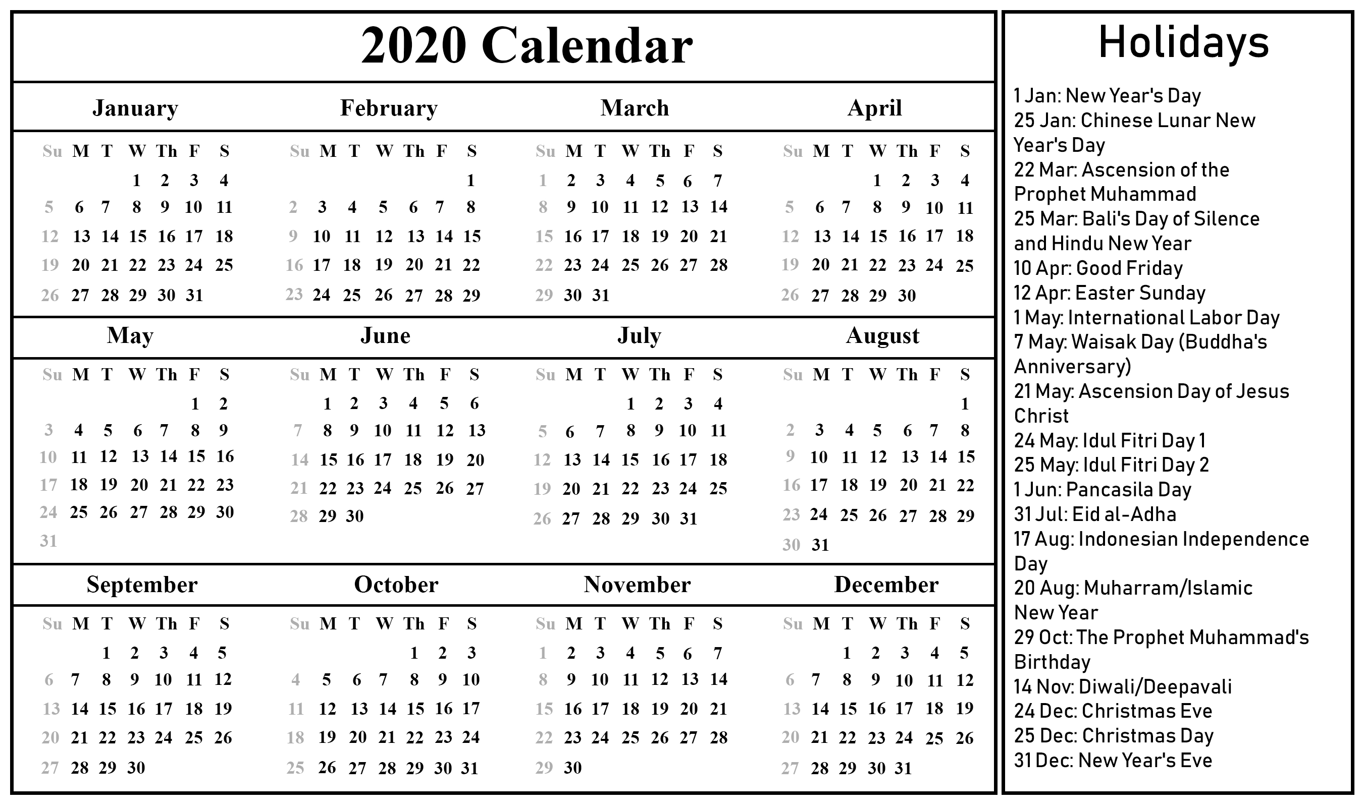 Printable Free Blank Indonesia Calendar 2020 [Pdf, Excel