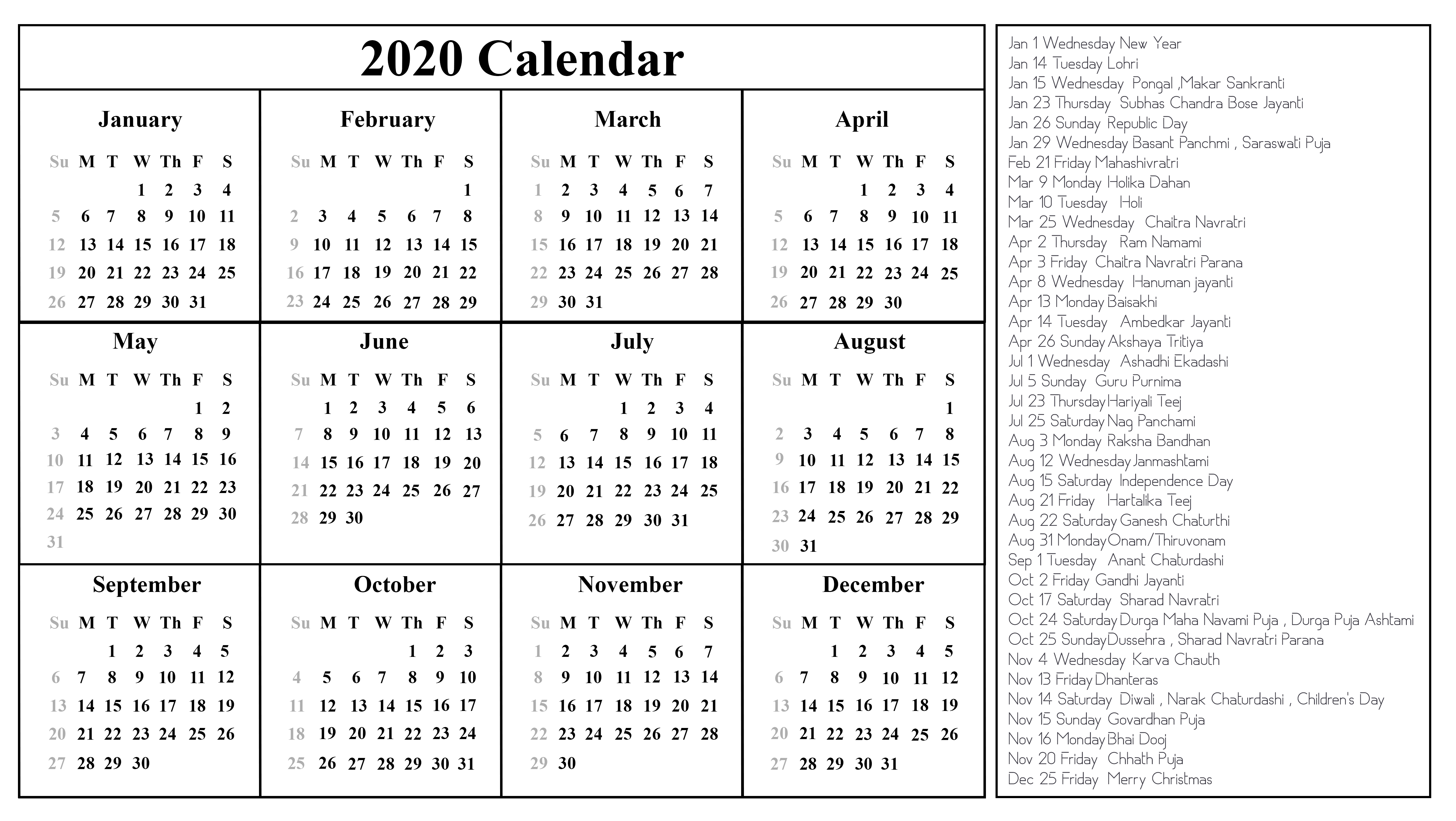 Printable 2020 Holidays India | Example Calendar Printable