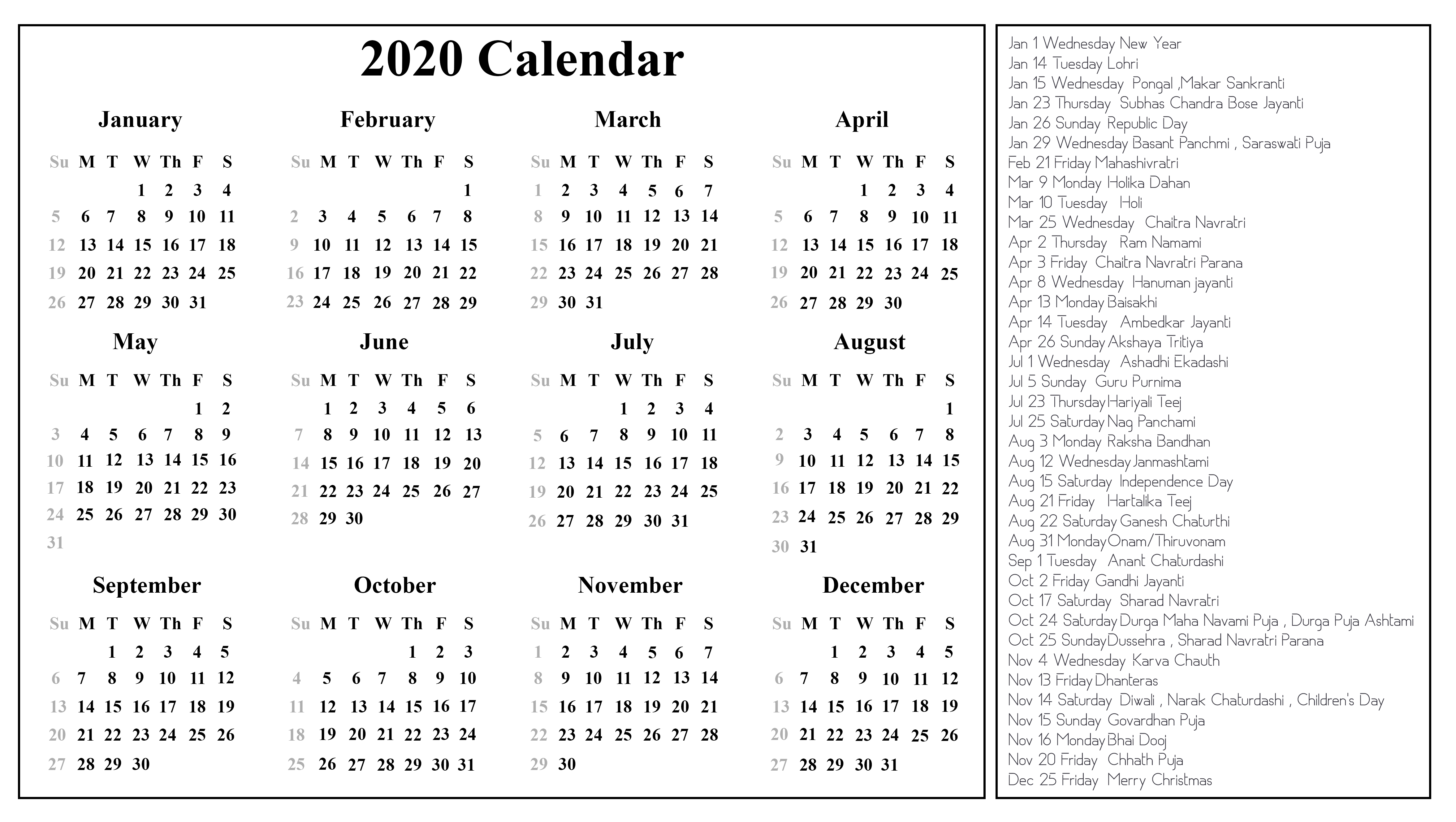 Printable Free Download Indian Calendar 2020 [Pdf, Excel