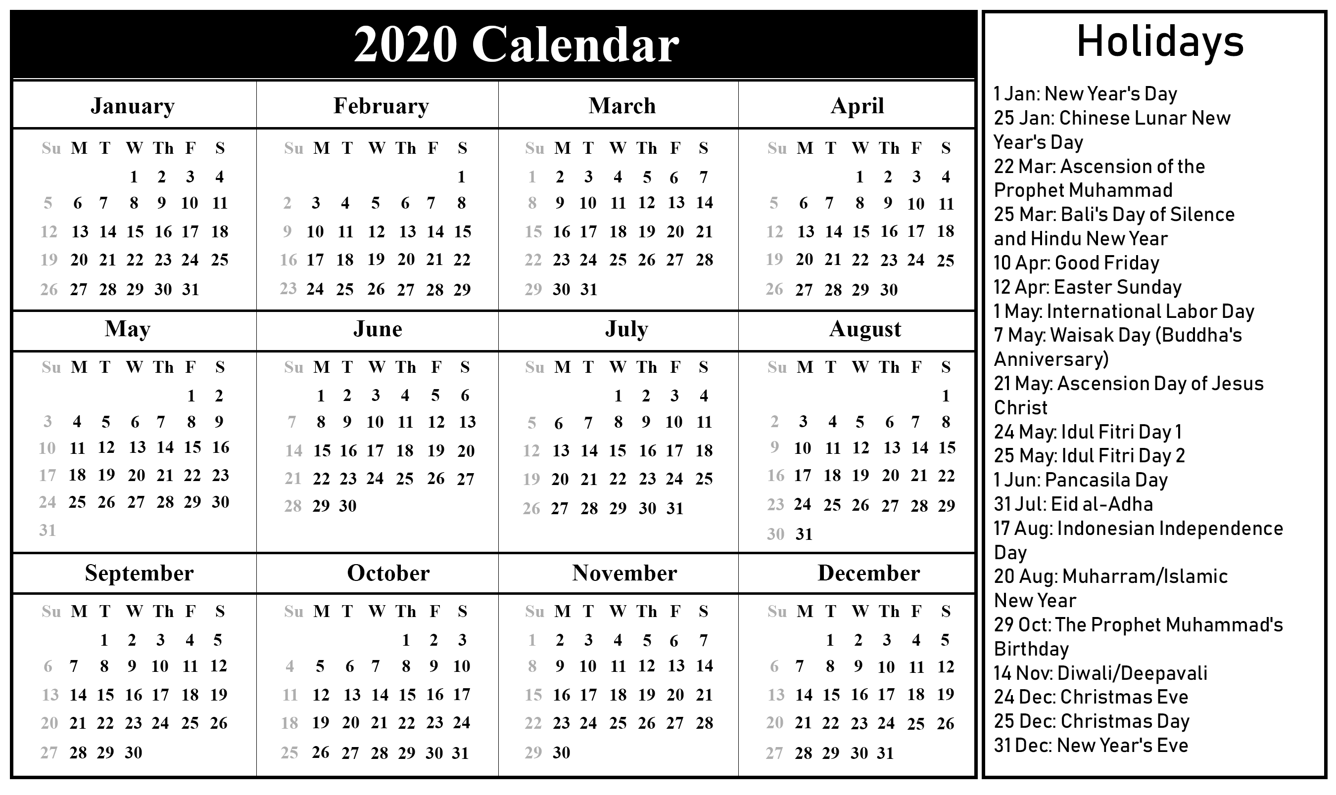 Printable Free Download Indonesia Calendar 2020 [Pdf, Excel