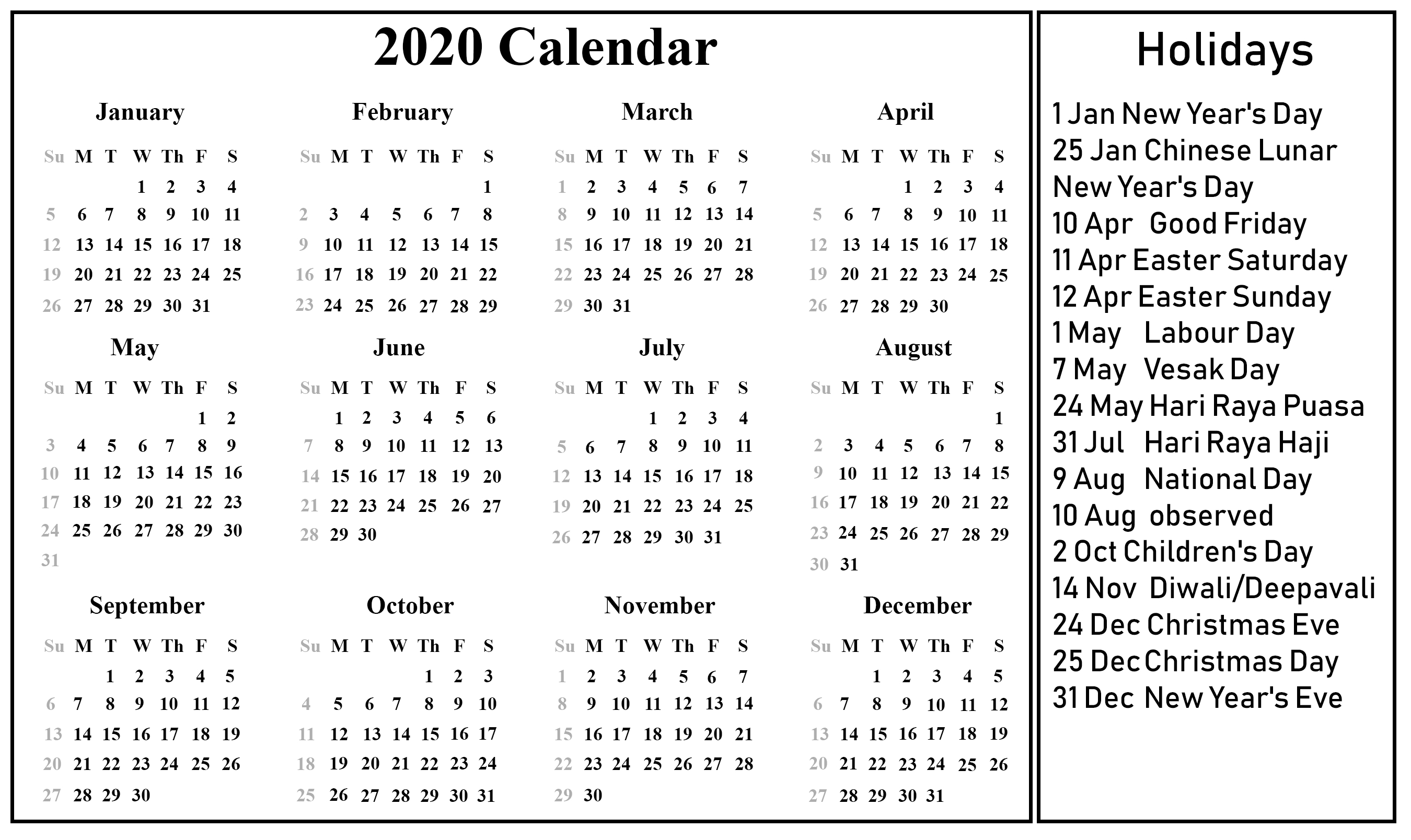 Printable Free Download Singapore Calendar 2020 [Pdf, Excel