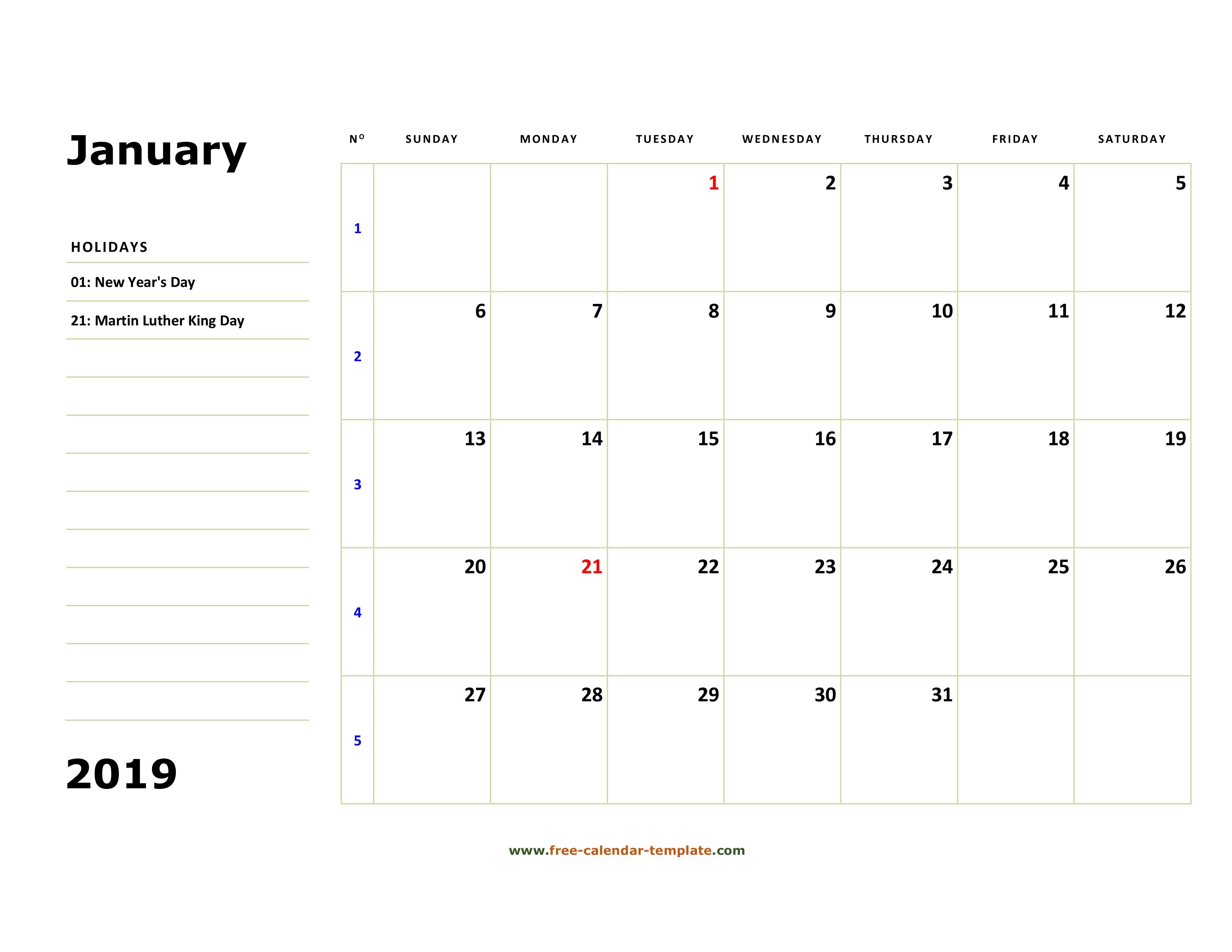 Printable January 2019 Calendar (Box And Lines For Notes