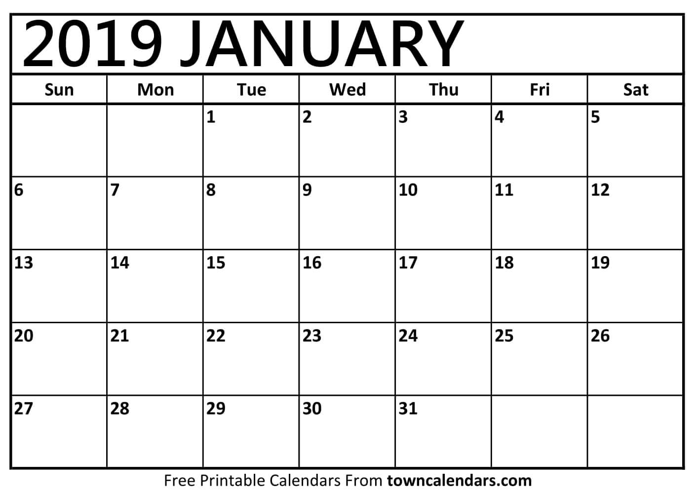 Printable January 2019 Calendar - Towncalendars