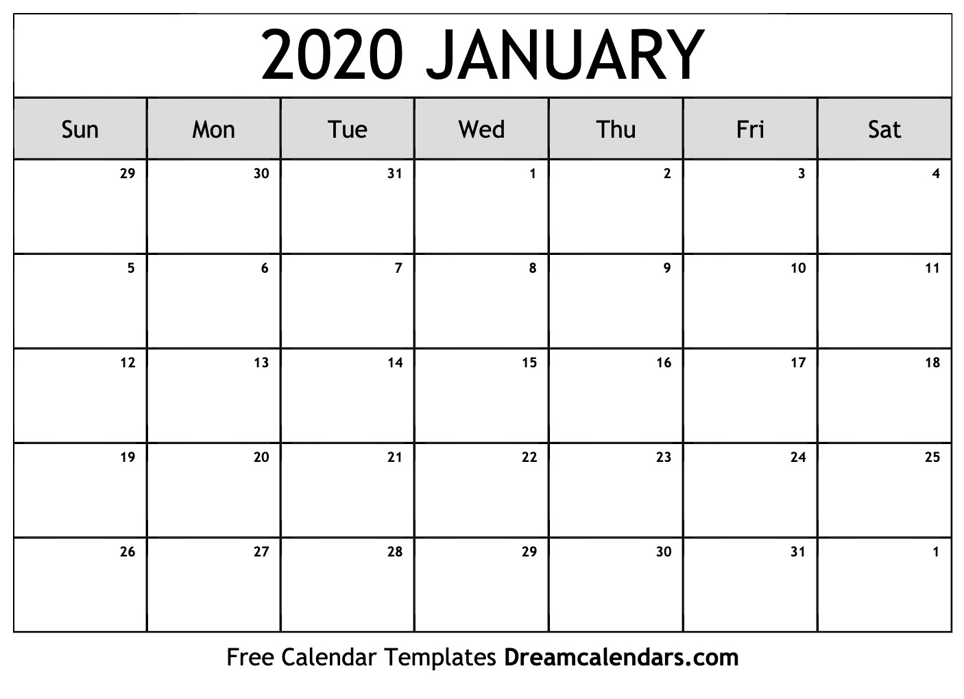 Printable January 2020 Calendar